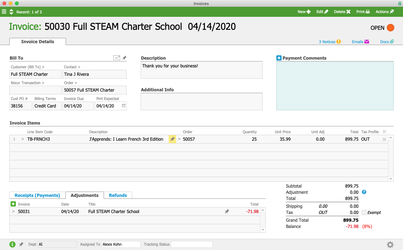 Full STEAM Invoice with Adjustment